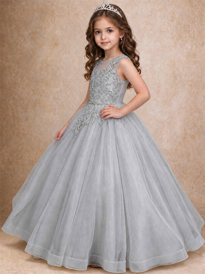 Lace Applique Girls Pageant Dresses Tulle Ball Gown Flower Girl Dress for Wedding Birthday Communion