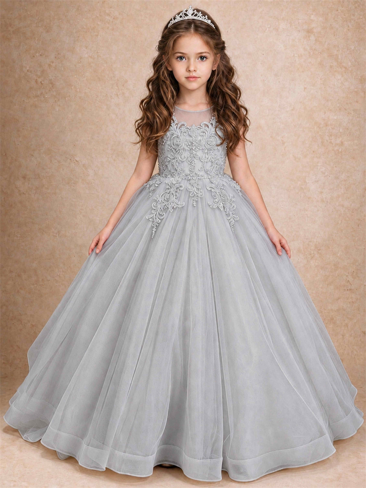 Lace Applique Girls Pageant Dresses Tulle Ball Gown Flower Girl Dress for Wedding Birthday Communion
