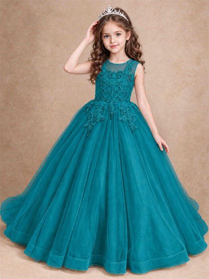 Lace Applique Girls Pageant Dresses Tulle Ball Gown Flower Girl Dress for Wedding Birthday Communion