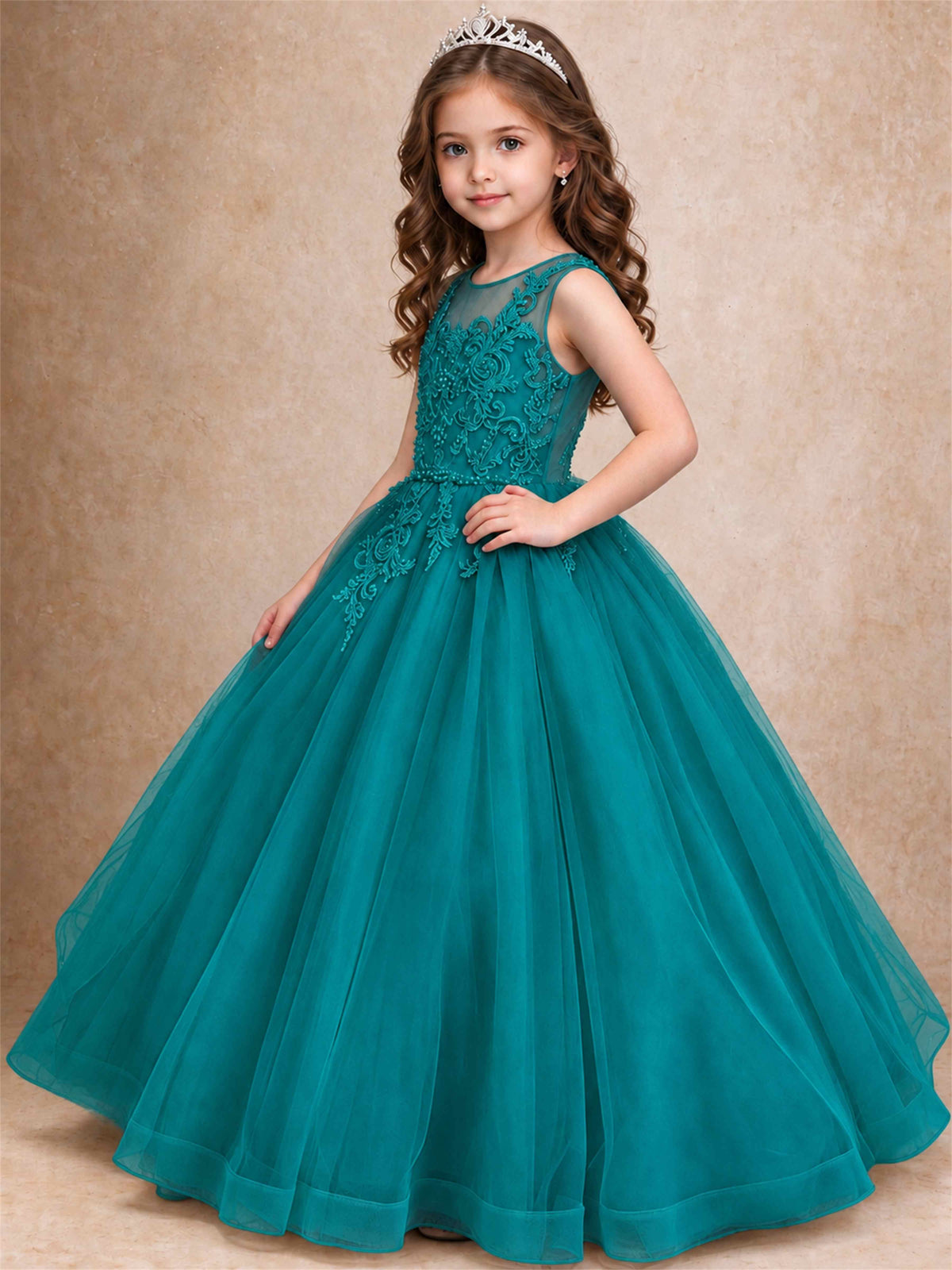Lace Applique Girls Pageant Dresses Tulle Ball Gown Flower Girl Dress for Wedding Birthday Communion