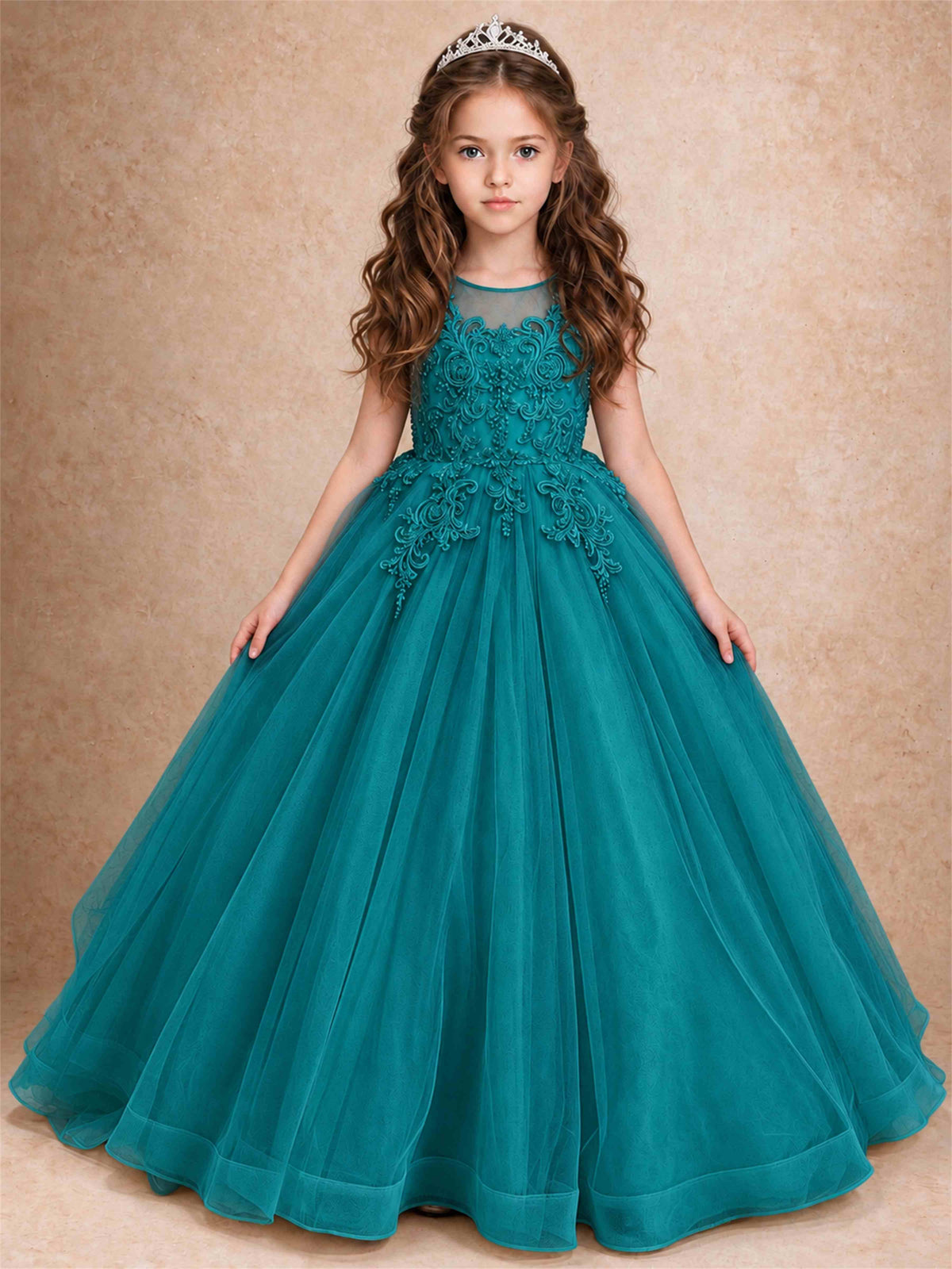 Lace Applique Girls Pageant Dresses Tulle Ball Gown Flower Girl Dress for Wedding Birthday Communion