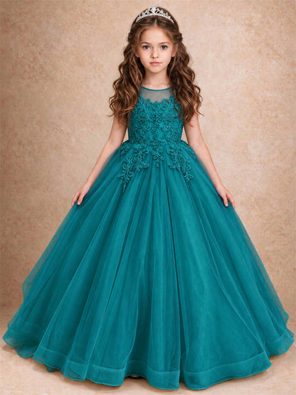 Lace Applique Girls Pageant Dresses Tulle Ball Gown Flower Girl Dress for Wedding Birthday Communion