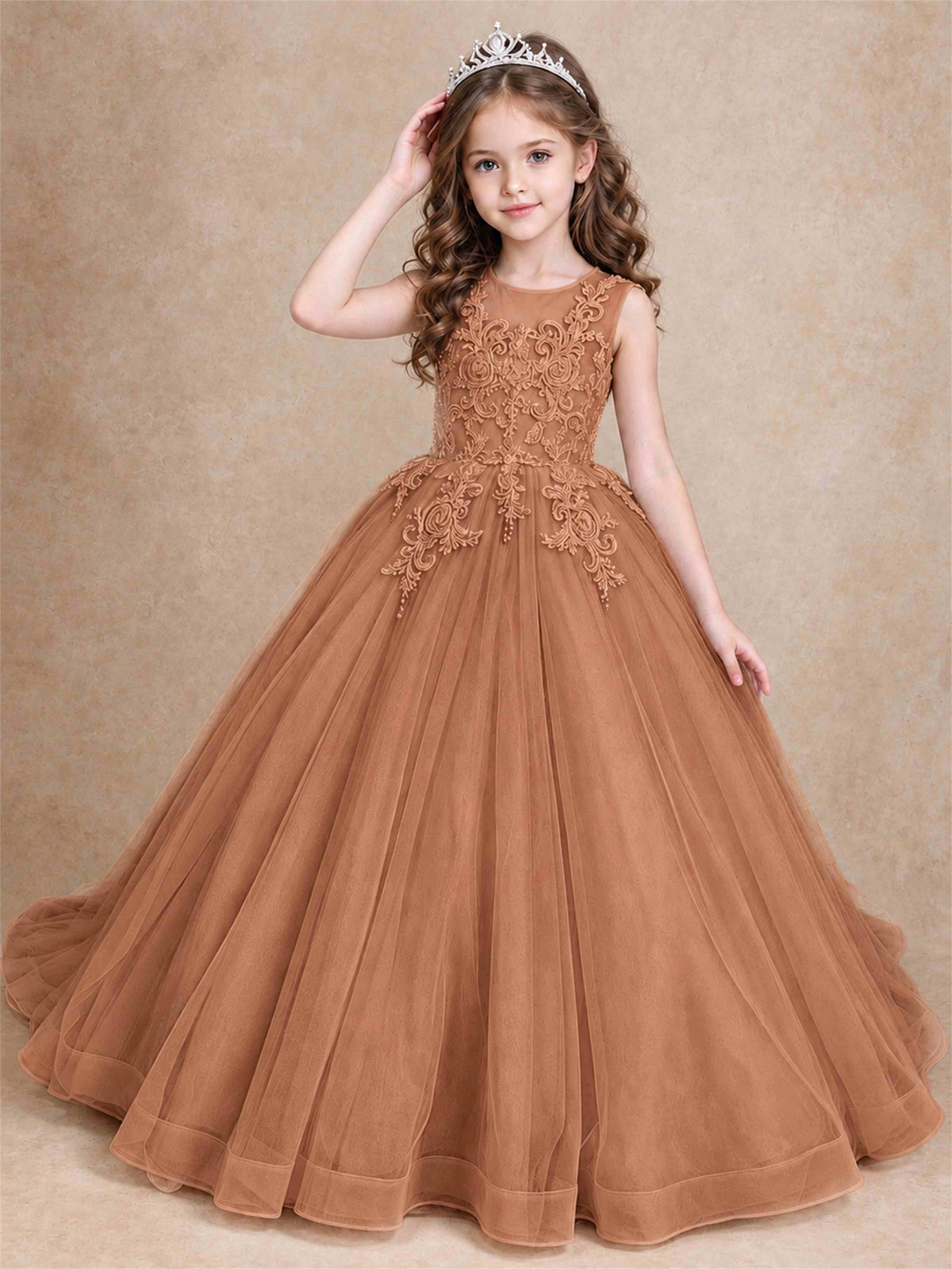 Lace Applique Girls Pageant Dresses Tulle Ball Gown Flower Girl Dress for Wedding Birthday Communion