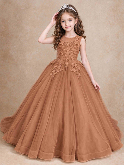 Lace Applique Girls Pageant Dresses Tulle Ball Gown Flower Girl Dress for Wedding Birthday Communion