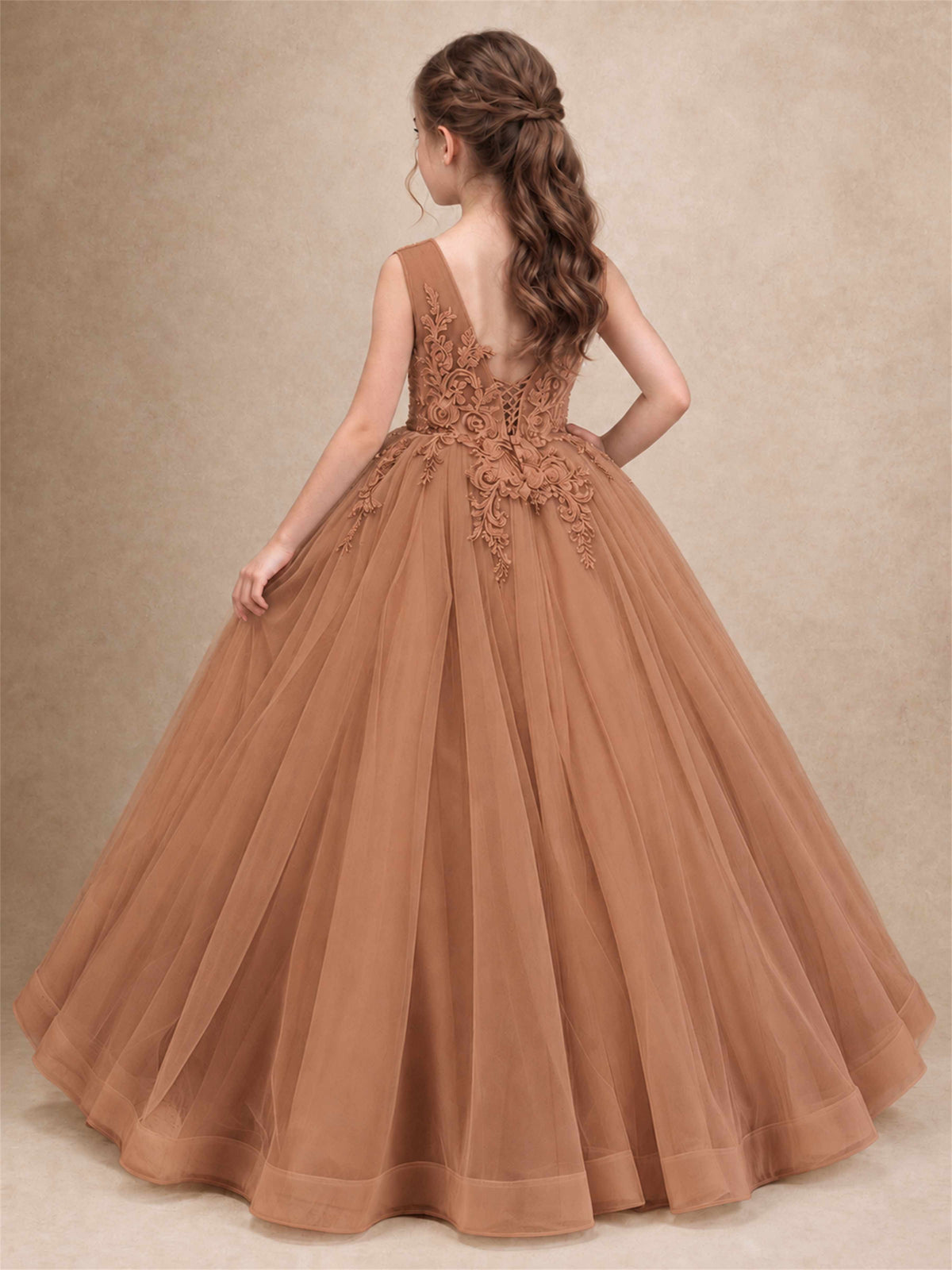 Lace Applique Girls Pageant Dresses Tulle Ball Gown Flower Girl Dress for Wedding Birthday Communion