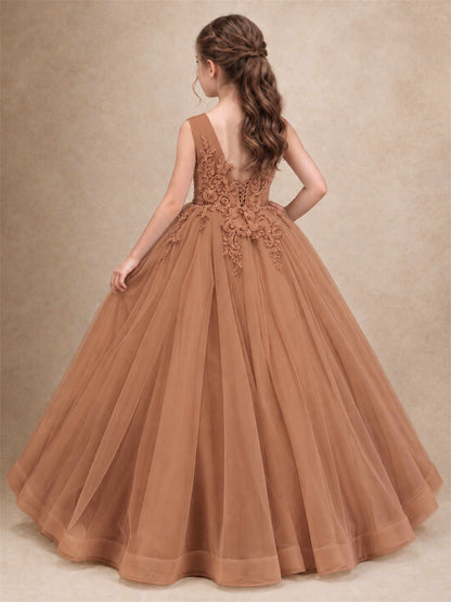 Lace Applique Girls Pageant Dresses Tulle Ball Gown Flower Girl Dress for Wedding Birthday Communion