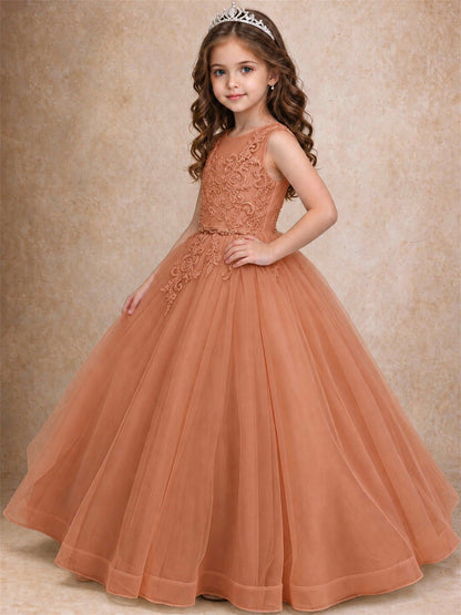 Lace Applique Girls Pageant Dresses Tulle Ball Gown Flower Girl Dress for Wedding Birthday Communion