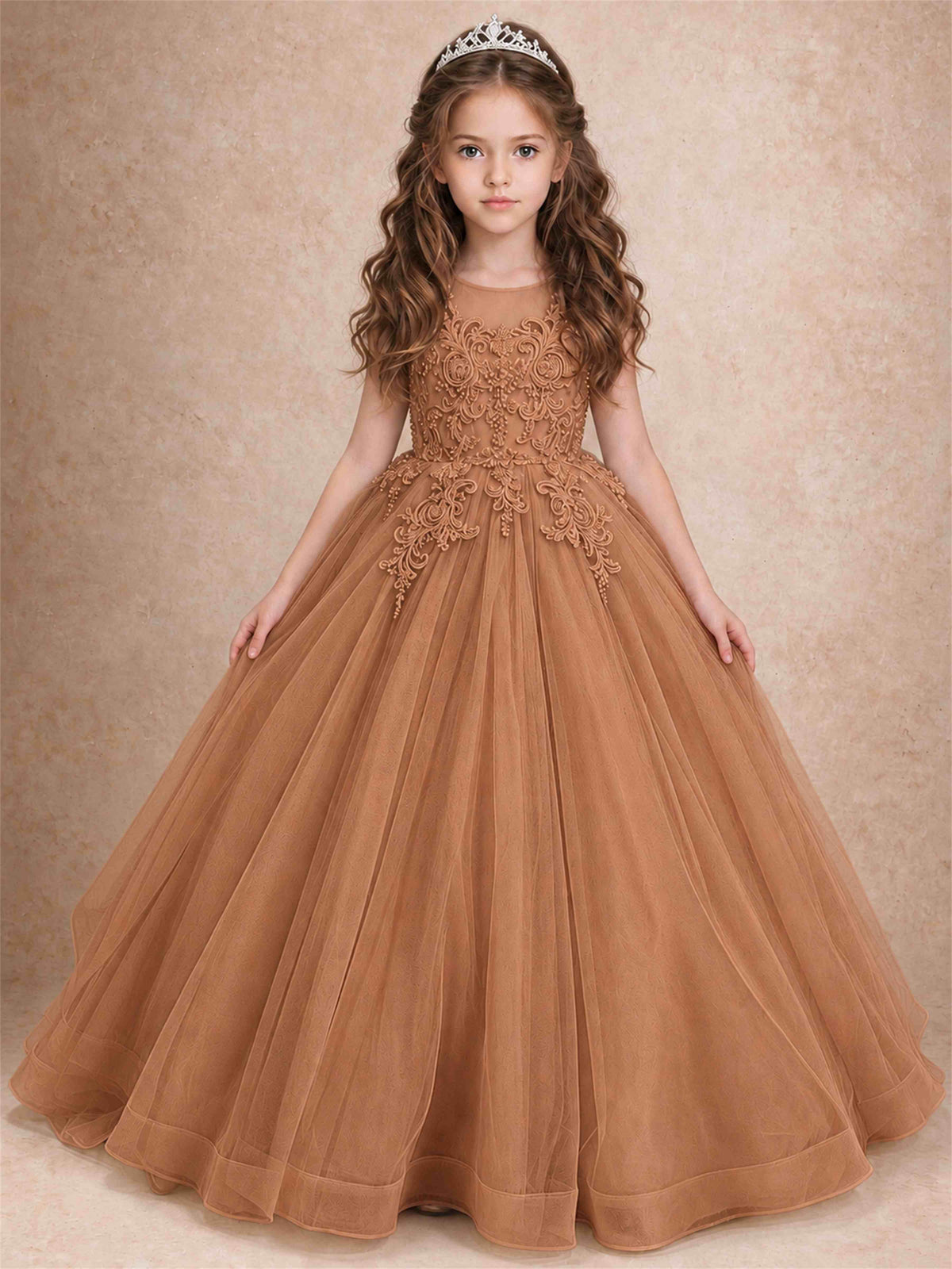 Lace Applique Girls Pageant Dresses Tulle Ball Gown Flower Girl Dress for Wedding Birthday Communion