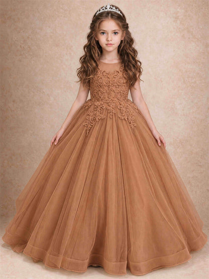 Lace Applique Girls Pageant Dresses Tulle Ball Gown Flower Girl Dress for Wedding Birthday Communion