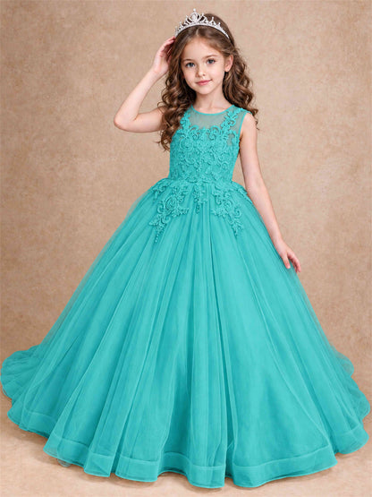 Lace Applique Girls Pageant Dresses Tulle Ball Gown Flower Girl Dress for Wedding Birthday Communion
