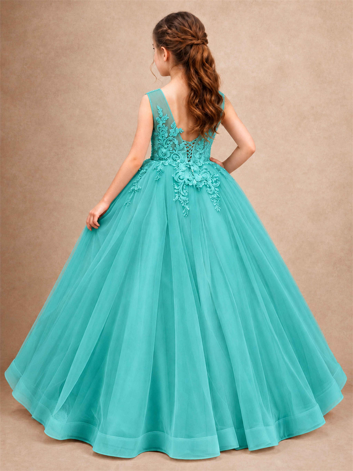 Lace Applique Girls Pageant Dresses Tulle Ball Gown Flower Girl Dress for Wedding Birthday Communion