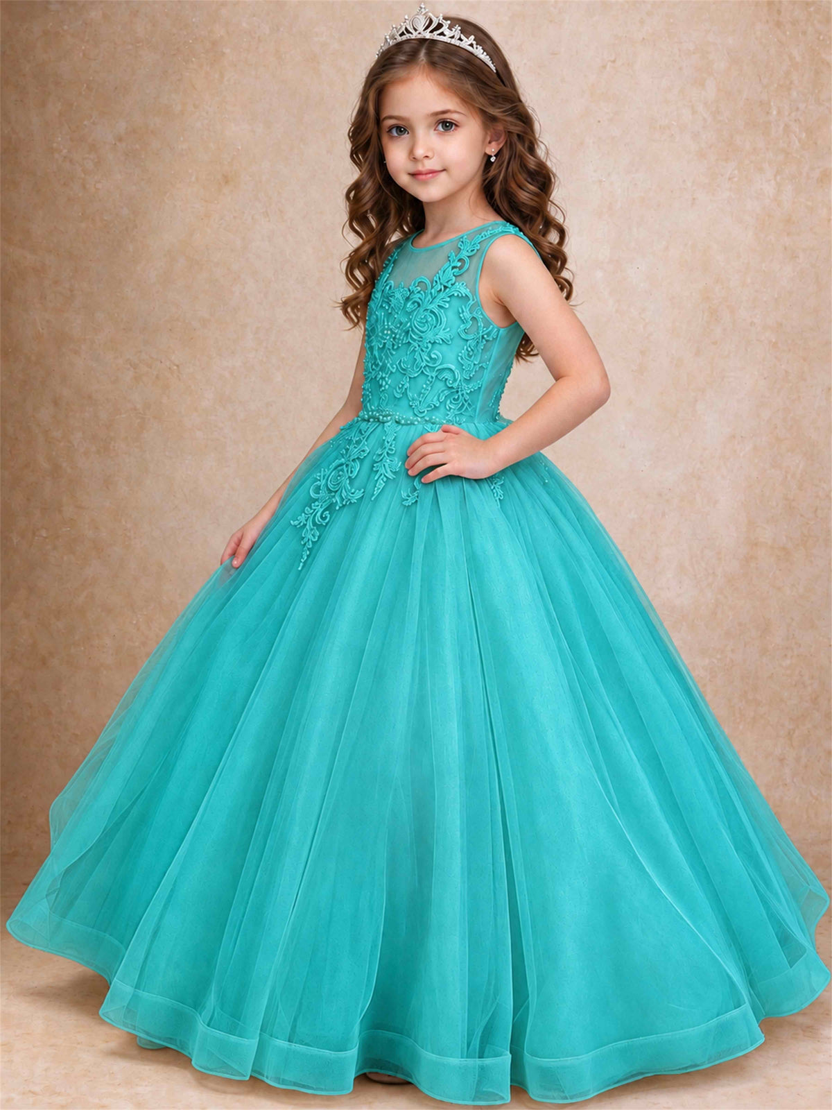 Lace Applique Girls Pageant Dresses Tulle Ball Gown Flower Girl Dress for Wedding Birthday Communion