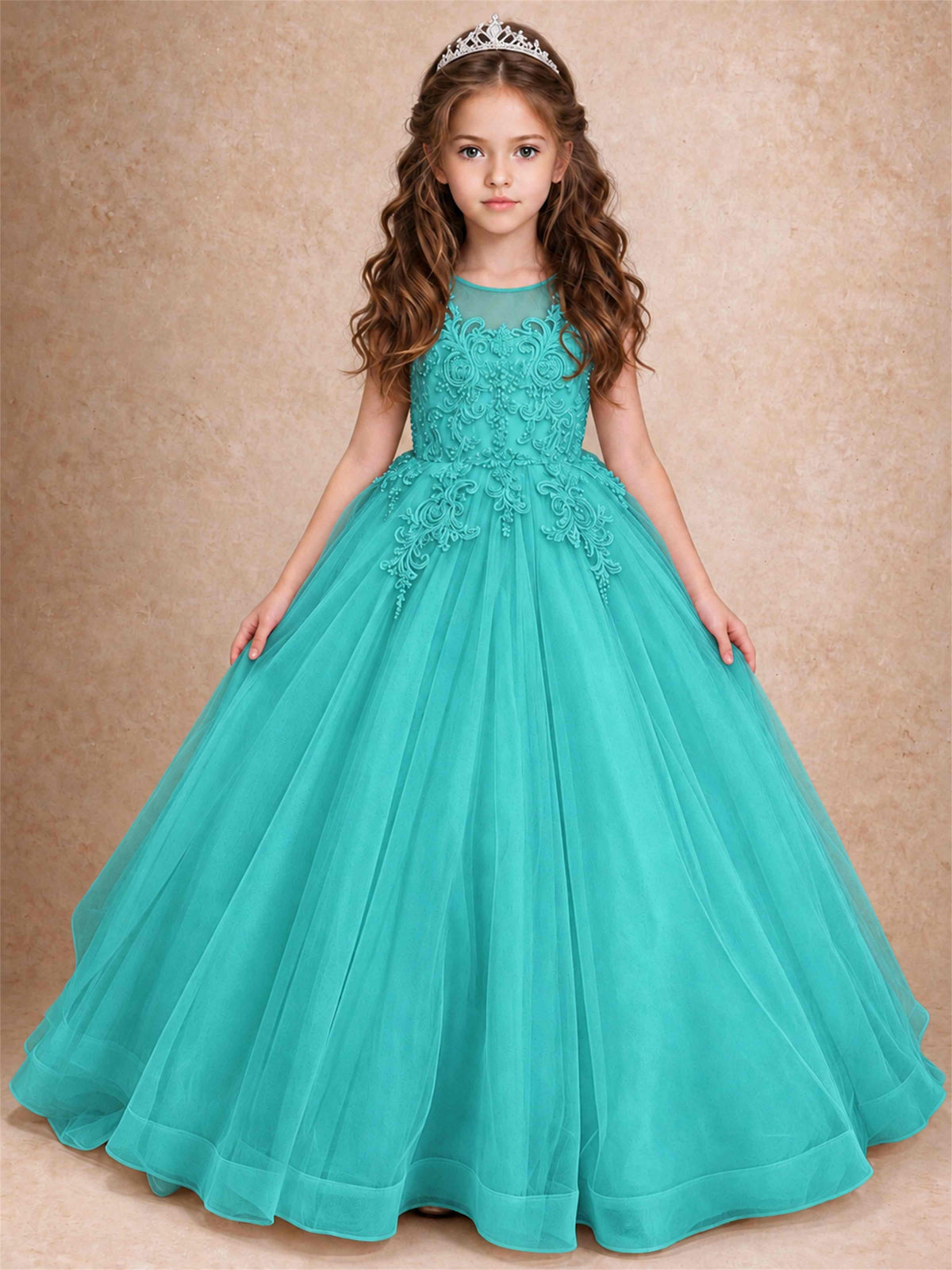 Lace Applique Girls Pageant Dresses Tulle Ball Gown Flower Girl Dress for Wedding Birthday Communion