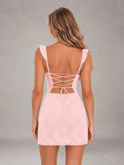 Blush Pink Lace Sweetheart Bodycon Short Homecoming Dress with Lace Up Back