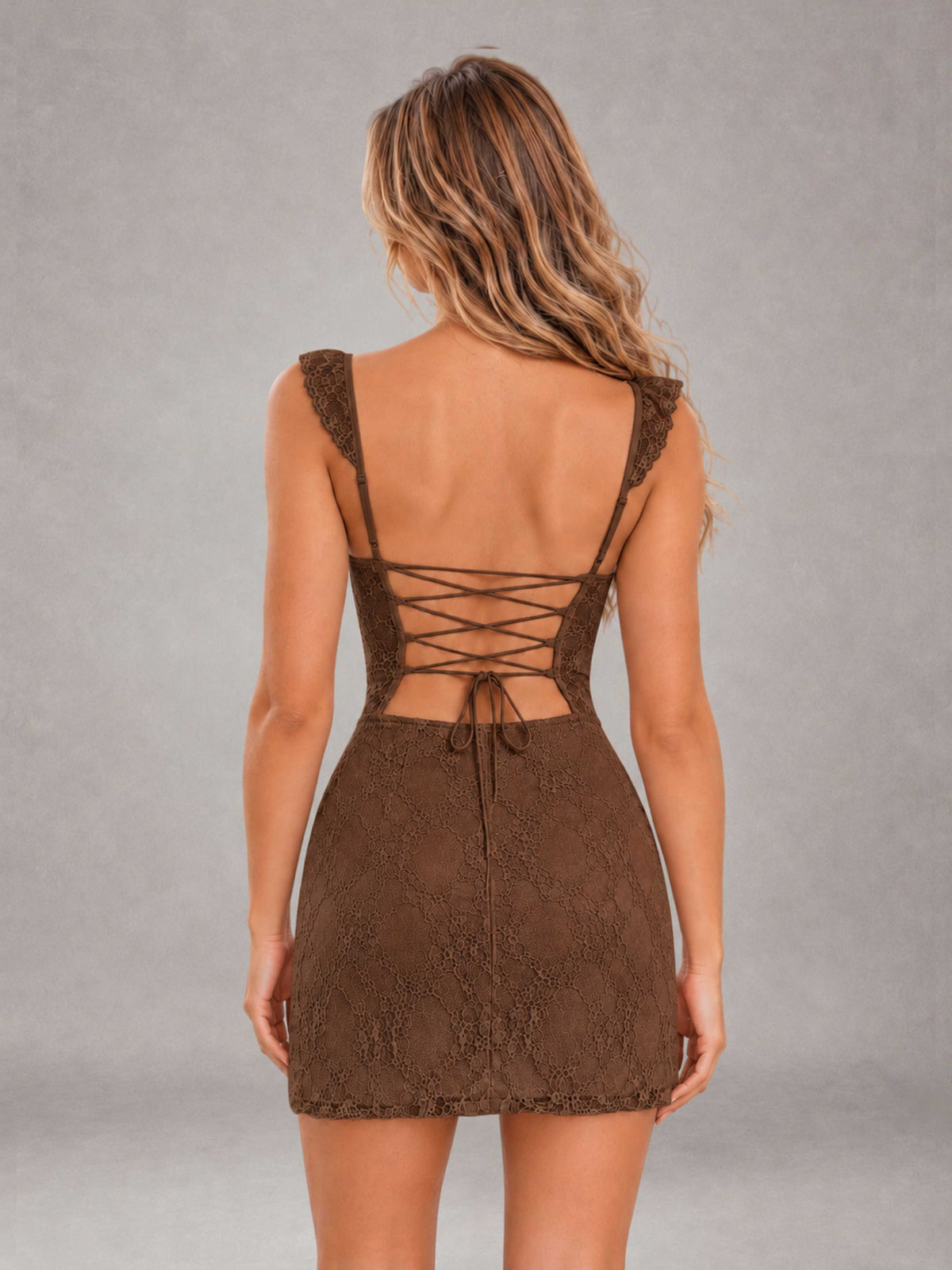 Brown Lace Sweetheart Bodycon Short Homecoming Dress with Lace Up Back