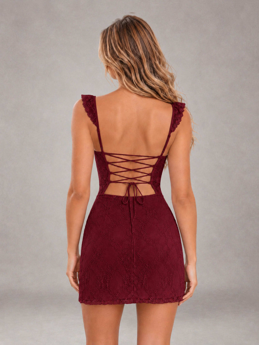 Burgundy Lace Sweetheart Bodycon Short Homecoming Dress with Lace Up Back
