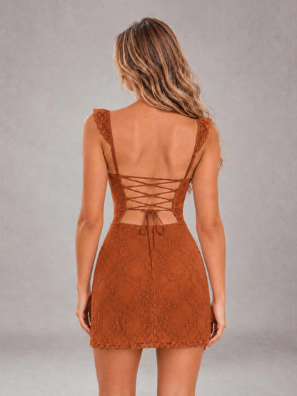Burnt Orange Lace Sweetheart Bodycon Short Homecoming Dress with Lace Up Back