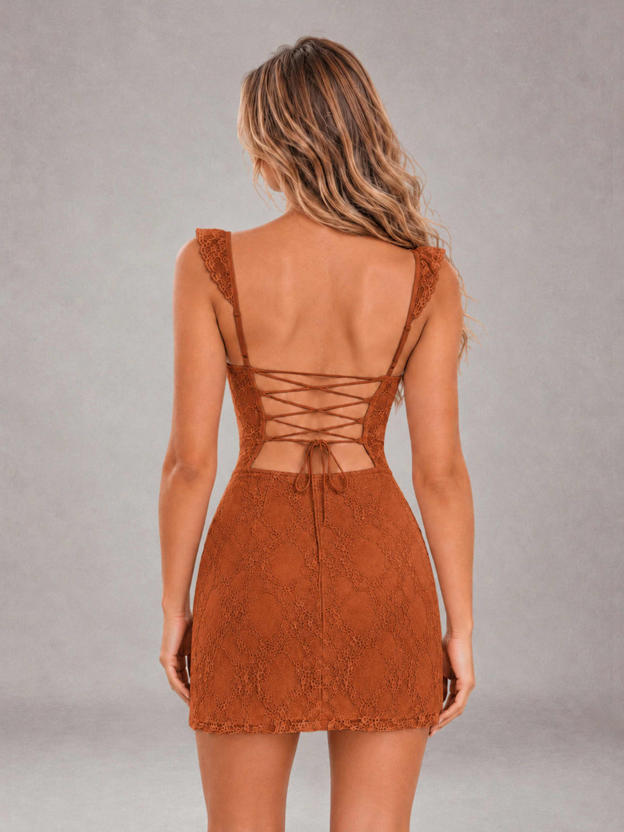Burnt Orange Lace Sweetheart Bodycon Short Homecoming Dress with Lace Up Back