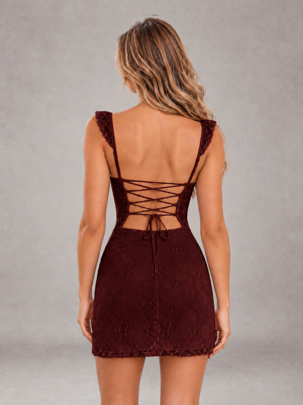 Cabernet Lace Sweetheart Bodycon Short Homecoming Dress with Lace Up Back