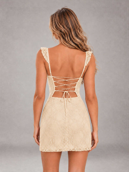 Champagne Lace Sweetheart Bodycon Short Homecoming Dress with Lace Up Back