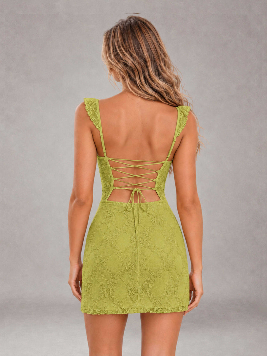 Chartreuse Lace Sweetheart Bodycon Short Homecoming Dress with Lace Up Back