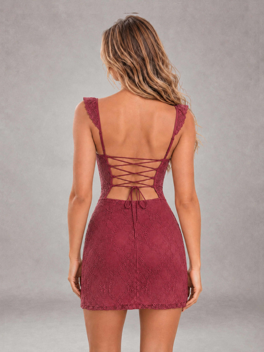 Cinnamon Rose Lace Sweetheart Bodycon Short Homecoming Dress with Lace Up Back