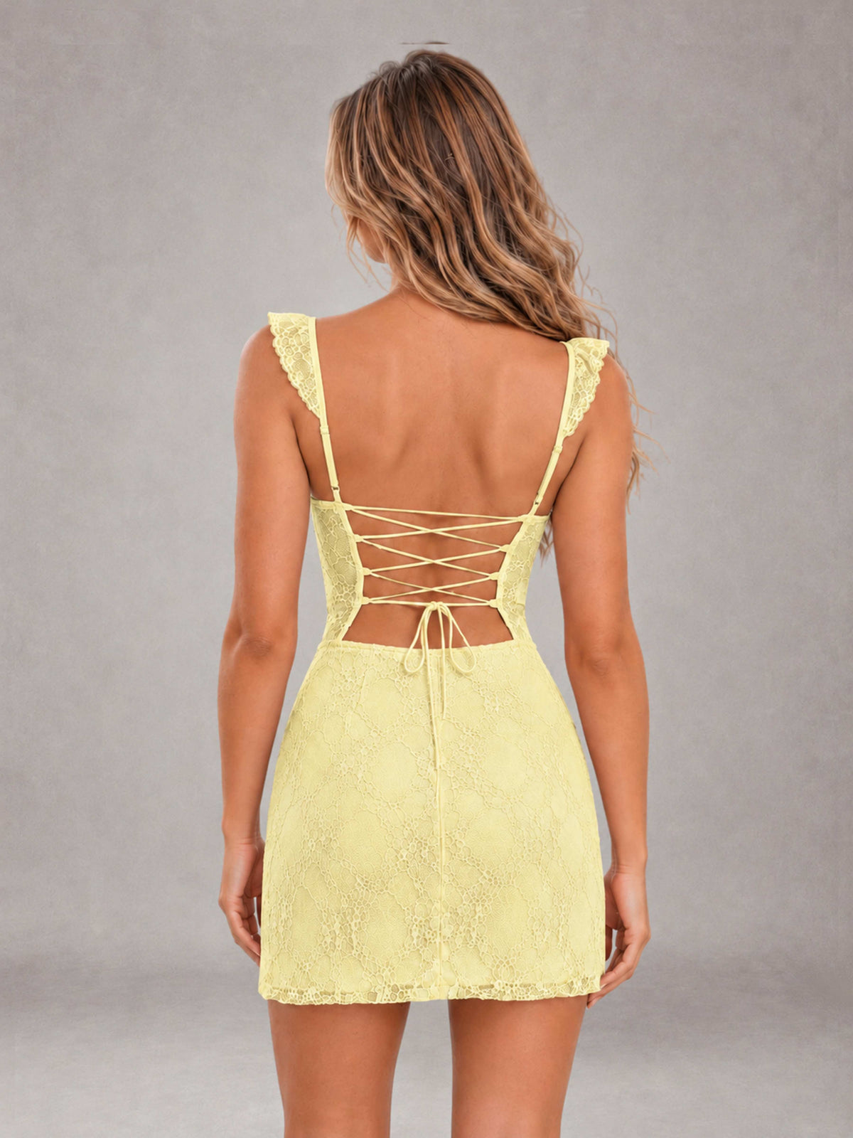 Daffodil Lace Sweetheart Bodycon Short Homecoming Dress with Lace Up Back