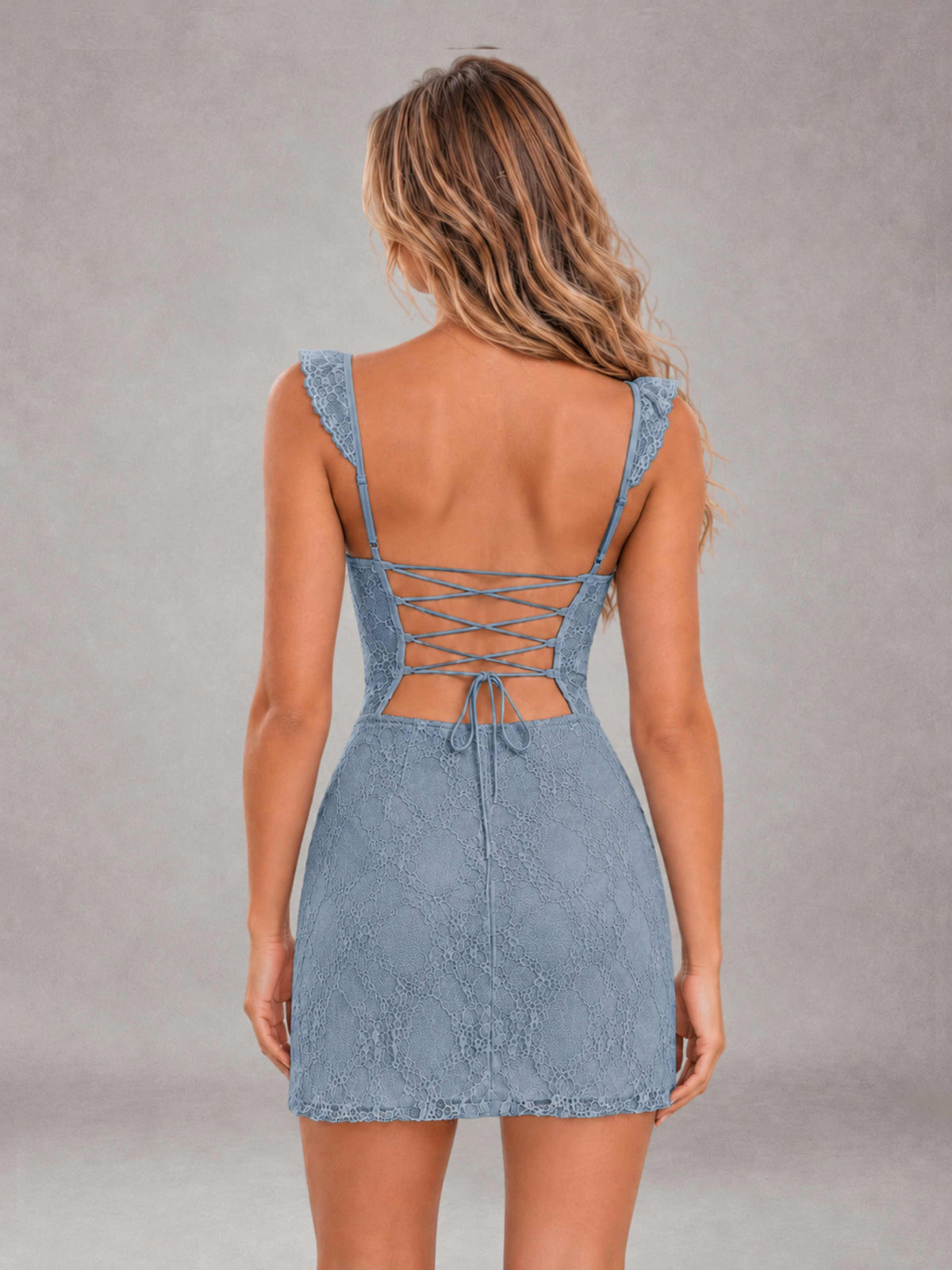 Dusty Blue Lace Sweetheart Bodycon Short Homecoming Dress with Lace Up Back
