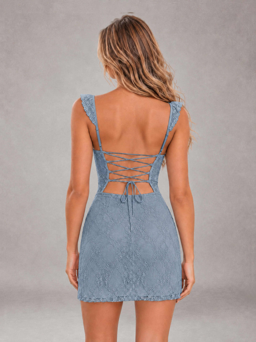 Dusty Blue Lace Sweetheart Bodycon Short Homecoming Dress with Lace Up Back