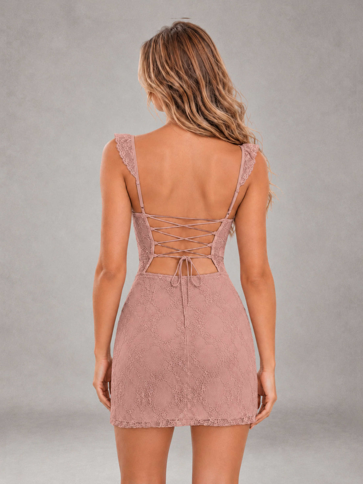 Dusty Rose Lace Sweetheart Bodycon Short Homecoming Dress with Lace Up Back