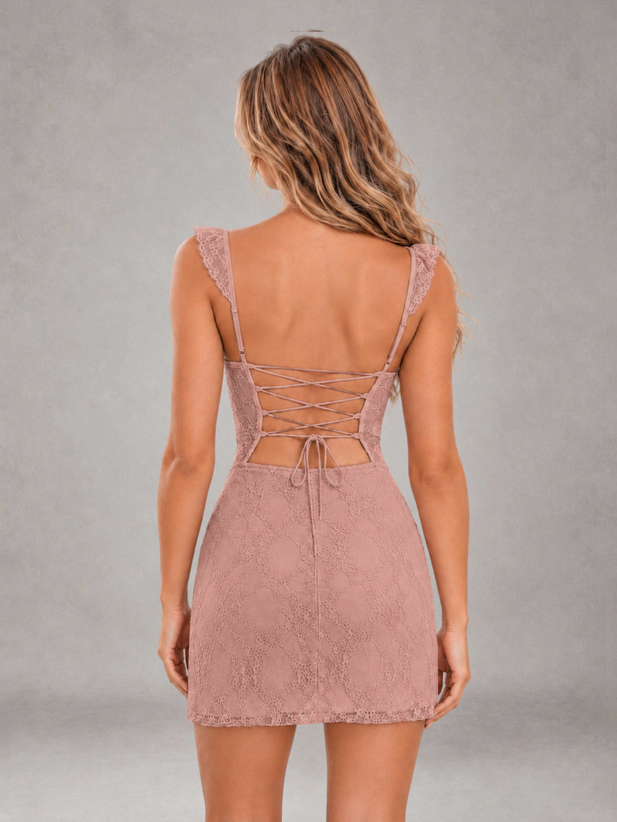 Dusty Rose Lace Sweetheart Bodycon Short Homecoming Dress with Lace Up Back