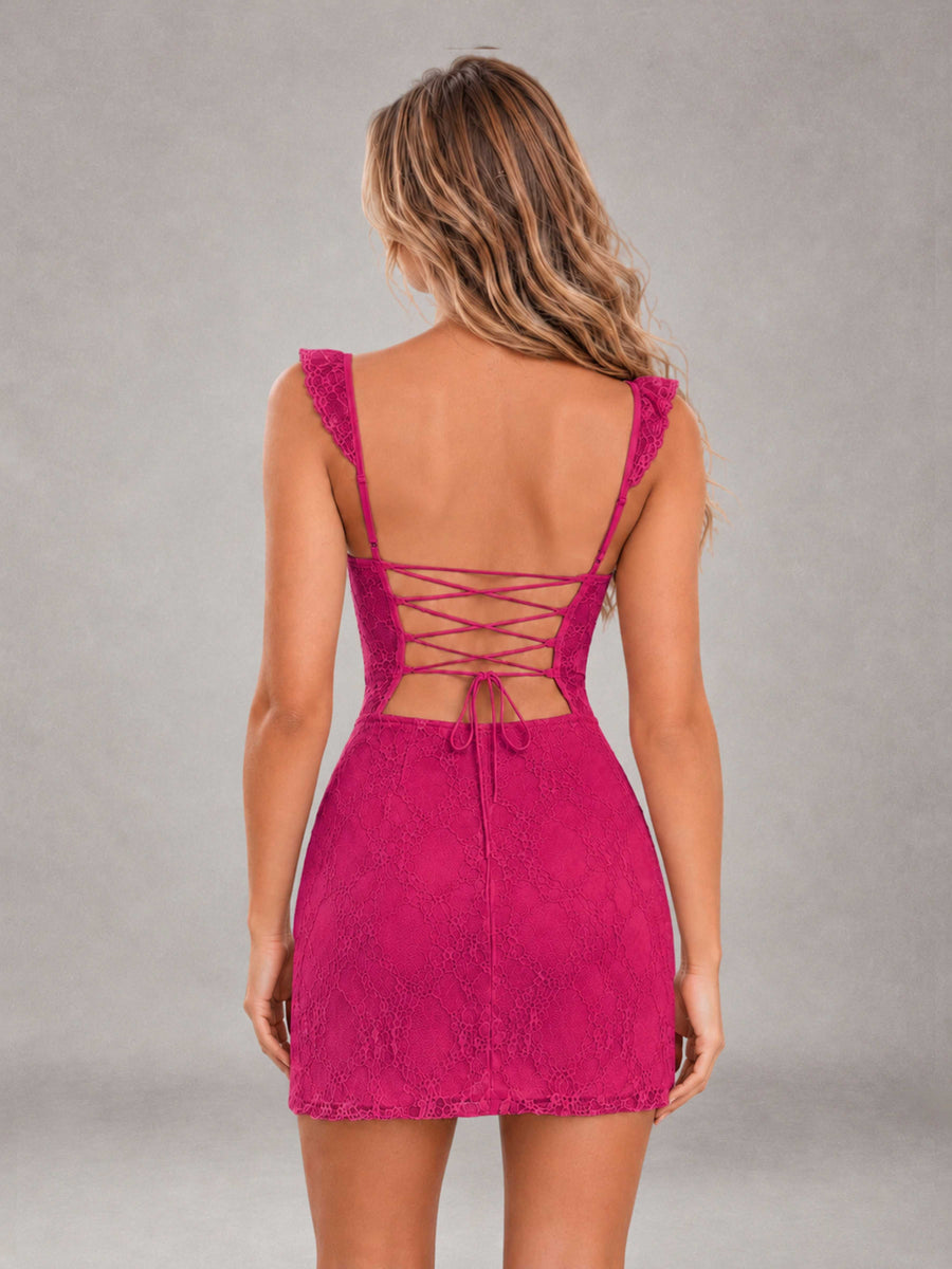 Fuchsia Lace Sweetheart Bodycon Short Homecoming Dress with Lace Up Back