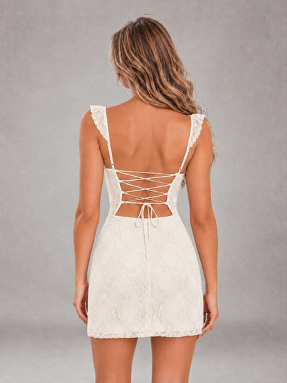 Ivory Lace Sweetheart Bodycon Short Homecoming Dress with Lace Up Back