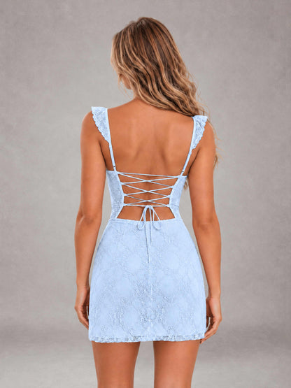 Light Blue Lace Sweetheart Bodycon Short Homecoming Dress with Lace Up Back