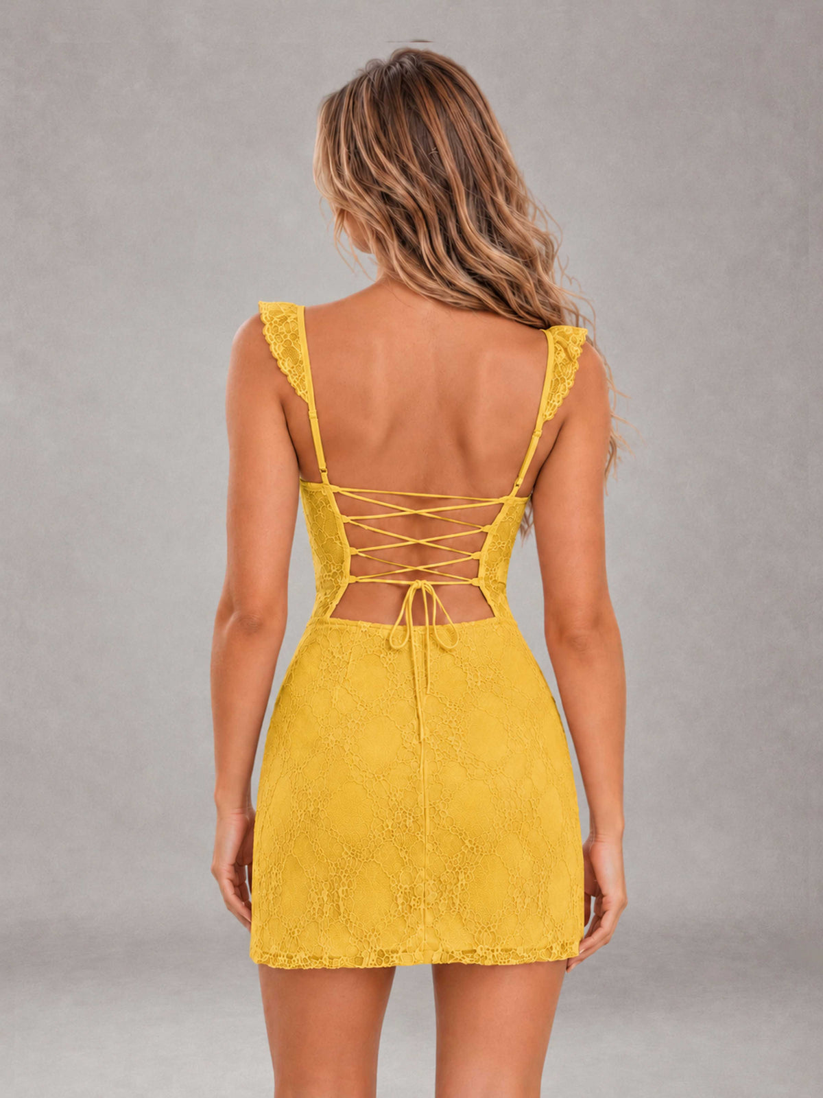 Mustard Yellow Lace Sweetheart Bodycon Short Homecoming Dress with Lace Up Back