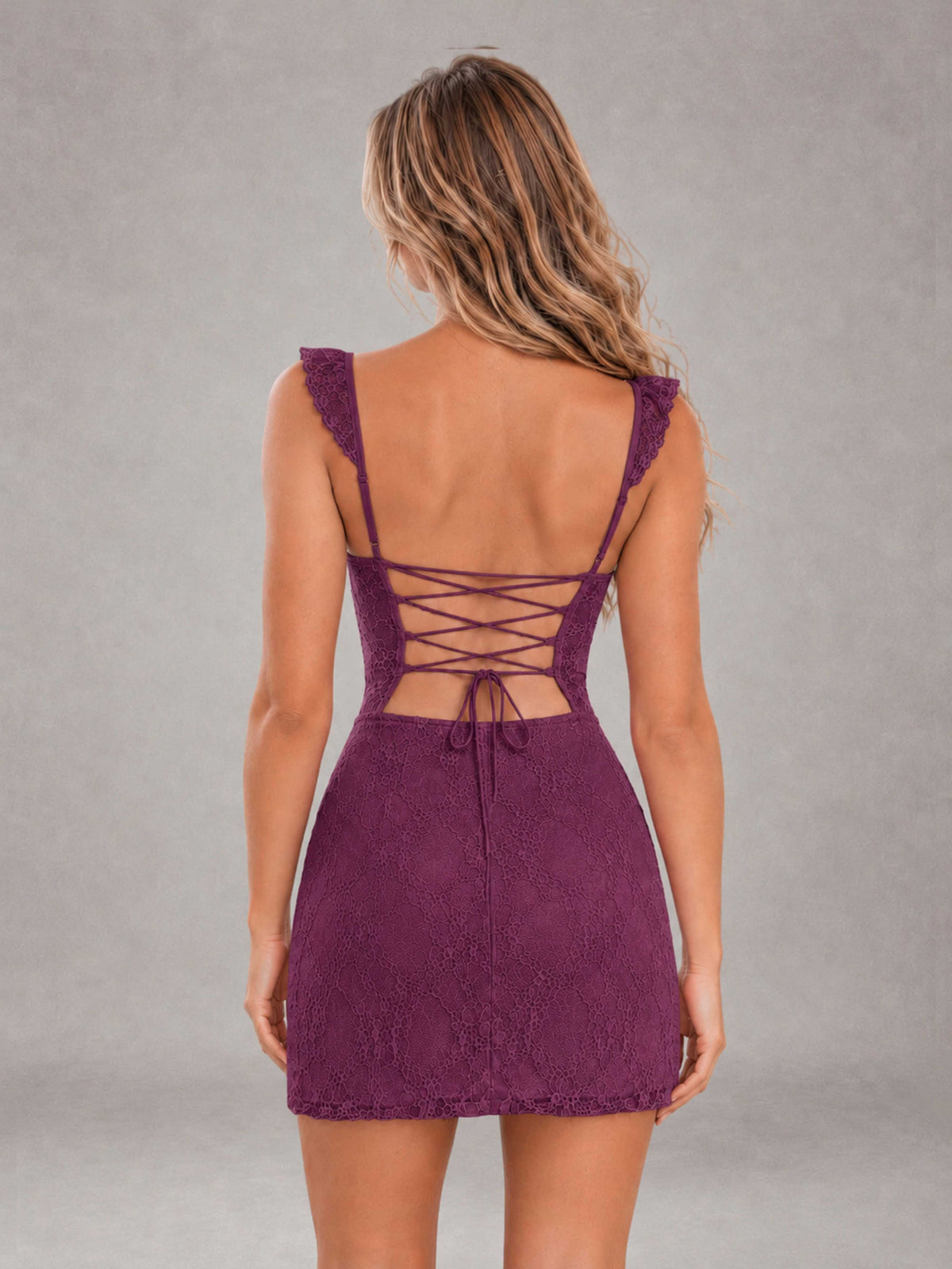 Plum Lace Sweetheart Bodycon Short Homecoming Dress with Lace Up Back