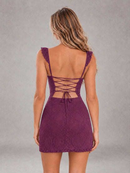 Plum Lace Sweetheart Bodycon Short Homecoming Dress with Lace Up Back