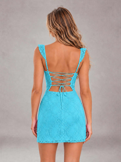 Pool Lace Sweetheart Bodycon Short Homecoming Dress with Lace Up Back