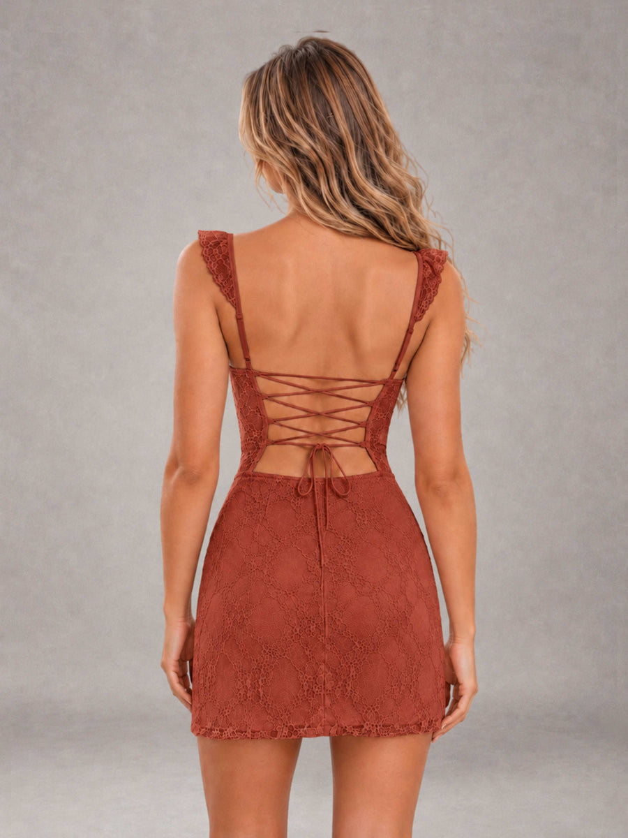 Rust Lace Sweetheart Bodycon Short Homecoming Dress with Lace Up Back