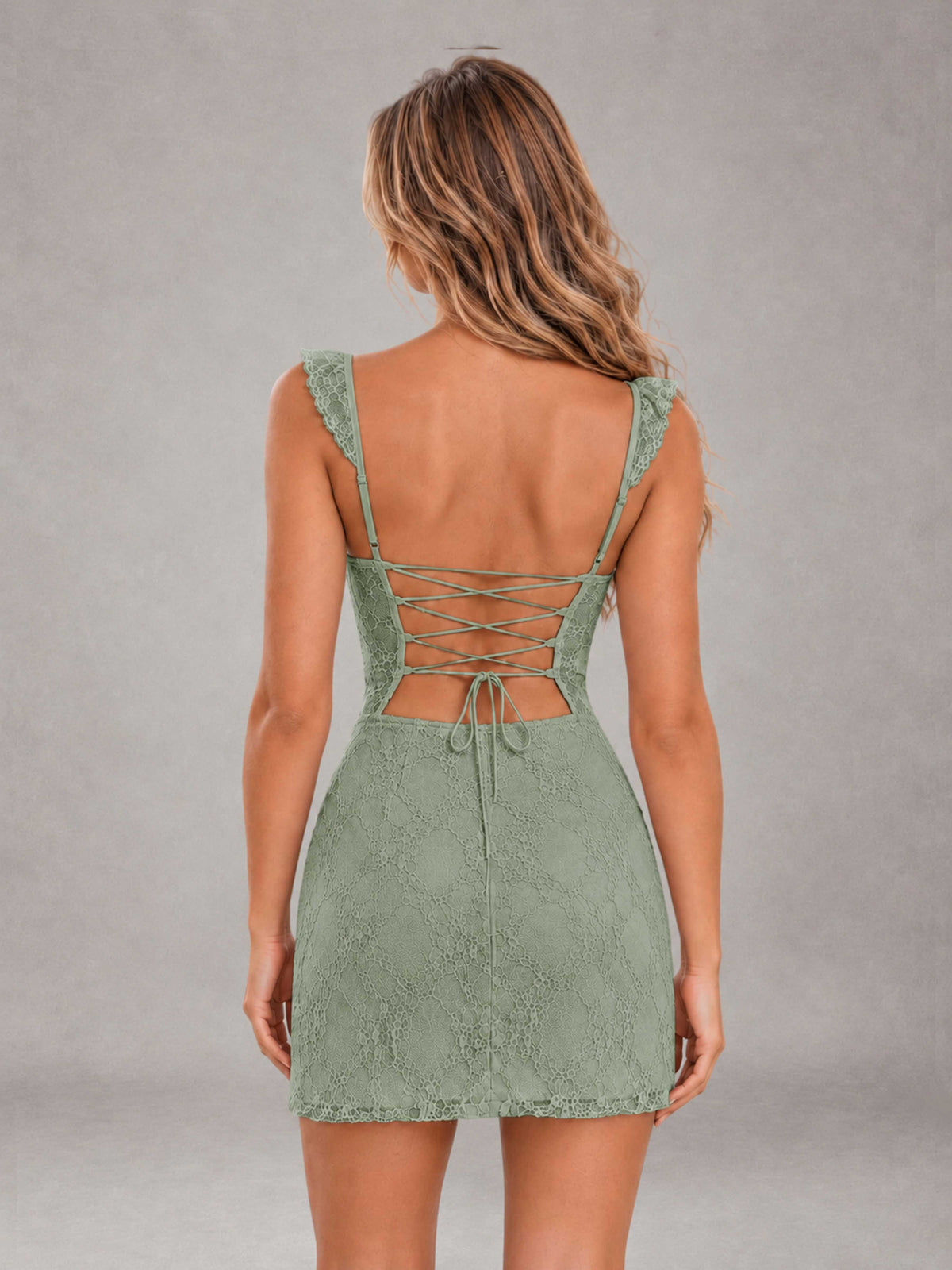 Sage Green Lace Sweetheart Bodycon Short Homecoming Dress with Lace Up Back