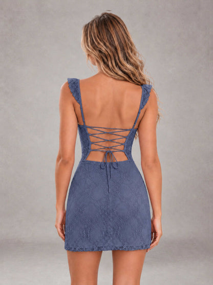 Stormy Blue Lace Sweetheart Bodycon Short Homecoming Dress with Lace Up Back