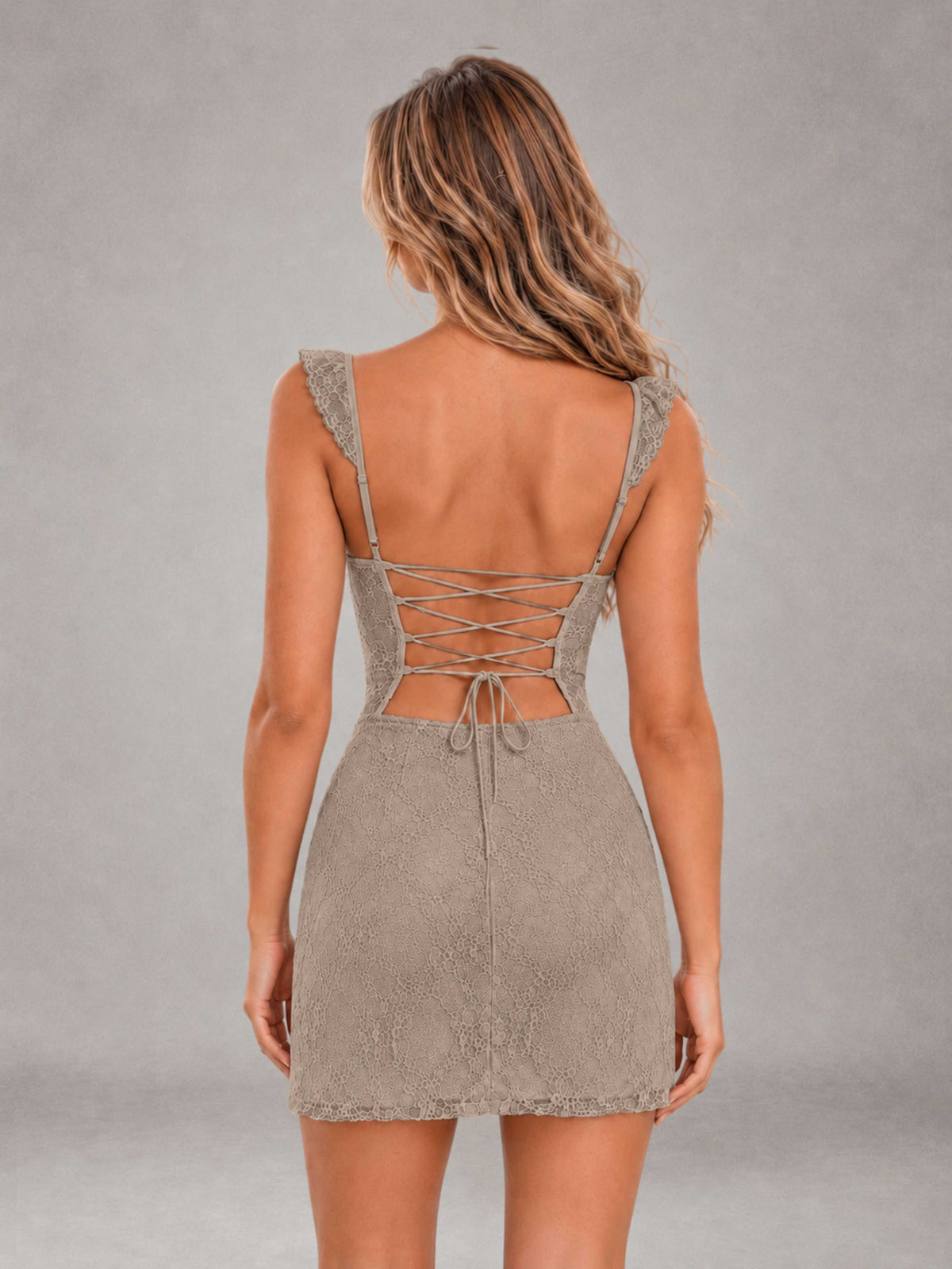 Taupe Lace Sweetheart Bodycon Short Homecoming Dress with Lace Up Back