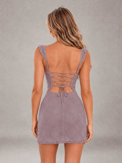 Wisteria Lace Sweetheart Bodycon Short Homecoming Dress with Lace Up Back