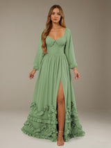 Long Sleeves A-Line Chiffon Floor Length Bridesmaid Dress with Side Slit