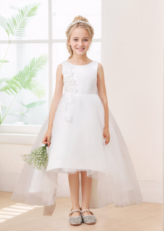 Lovely A-Line Appliques Bow Back Tulle High-Low Flower Girl Dresses