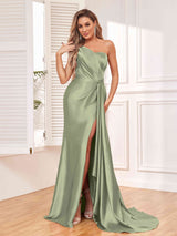 Lovely Lace-Up Back One Shoulder Stretch Satin Party Dresses
