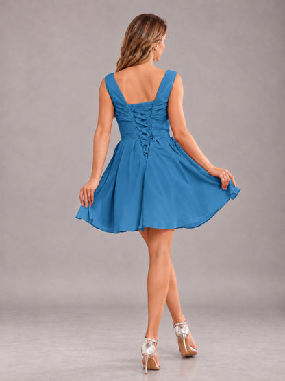 Blue Lovely V-Neck Ruched Short Chiffon Bridesmaid Dress
