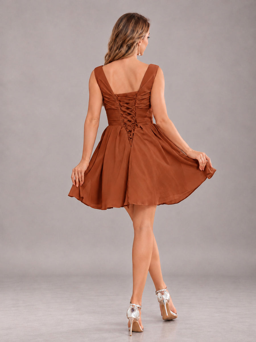 Burnt Orange Lovely V-Neck Ruched Short Chiffon Bridesmaid Dress