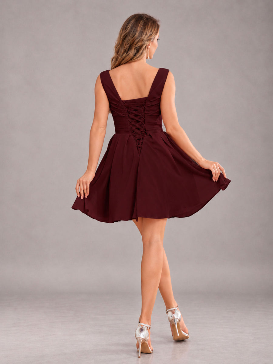 Cabernet Lovely V-Neck Ruched Short Chiffon Bridesmaid Dress