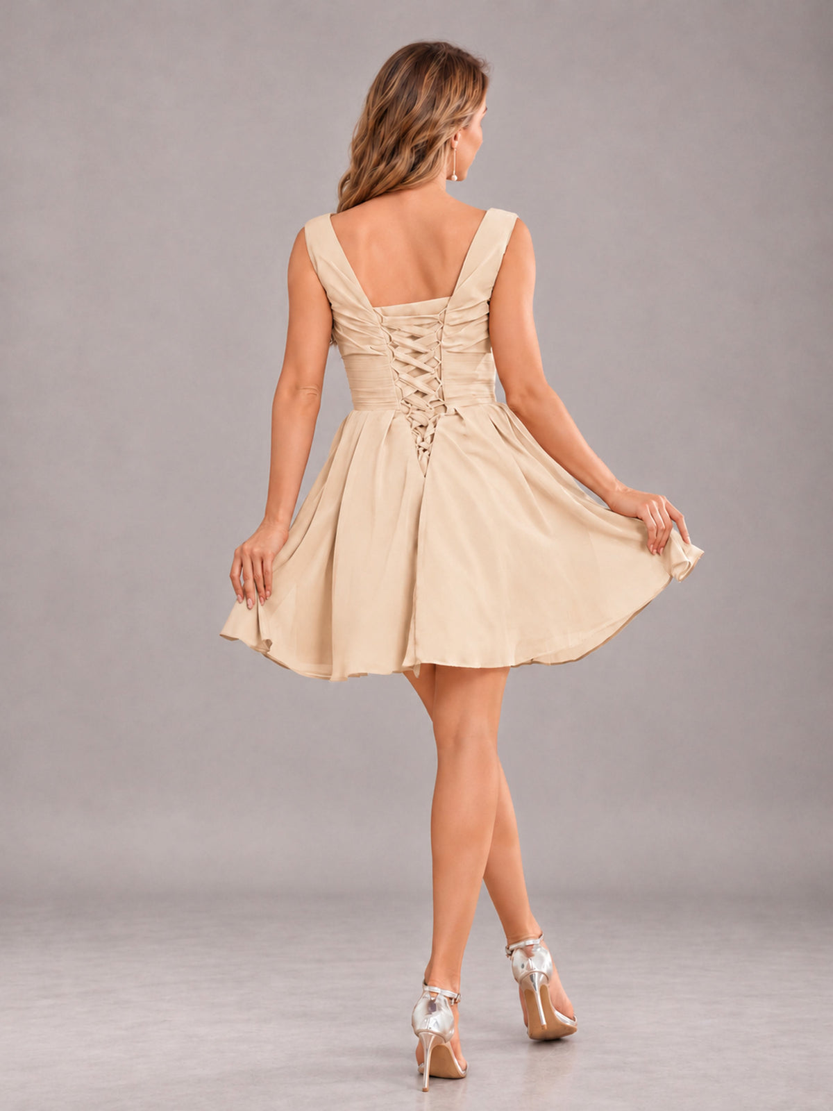 Champagne Lovely V-Neck Ruched Short Chiffon Bridesmaid Dress